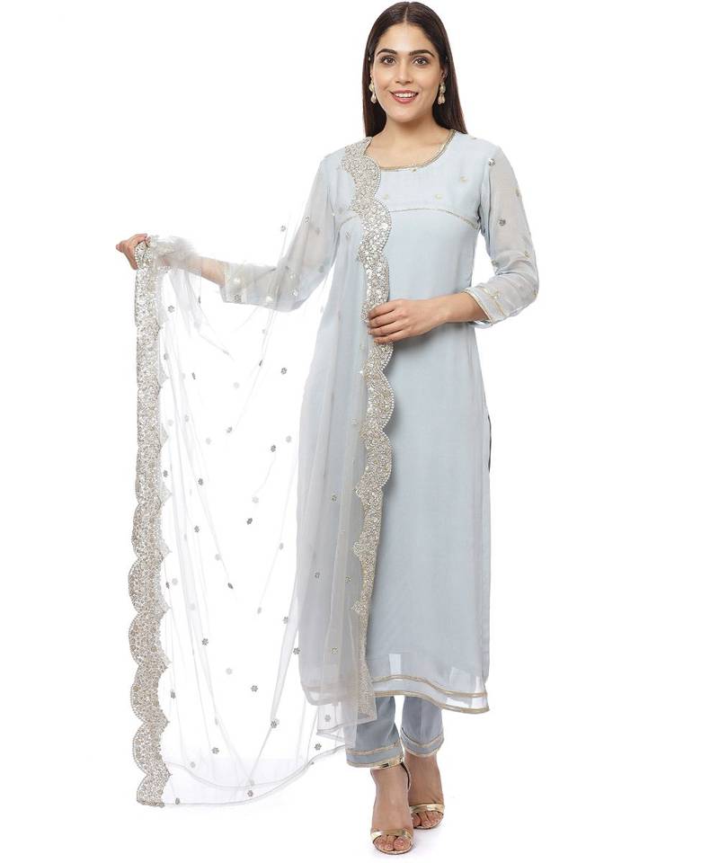 Grey Sequined Sleeves Kurti with Pants and Embroidered Scalloped Dupatta
