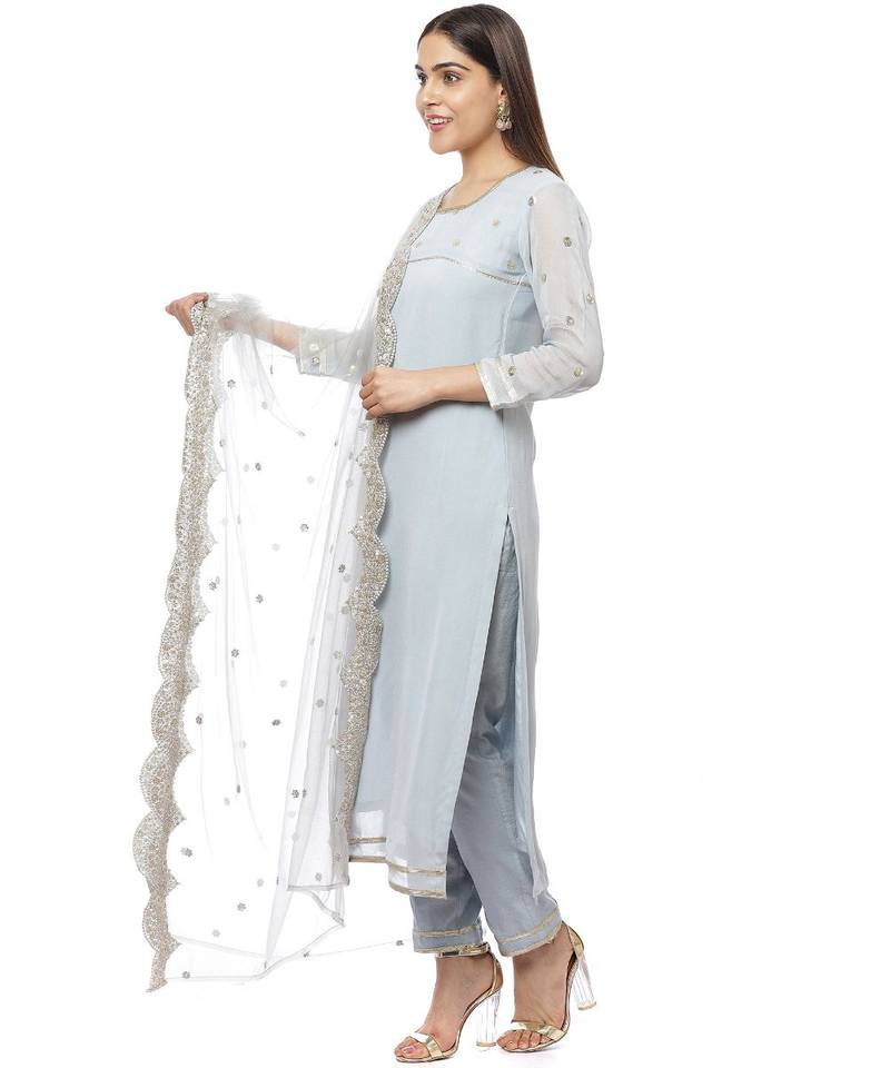 Grey Sequined Sleeves Kurti with Pants and Embroidered Scalloped Dupatta
