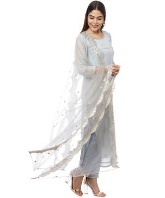 Grey Sequined Sleeves Kurti with Pants and Embroidered Scalloped Dupatta 5