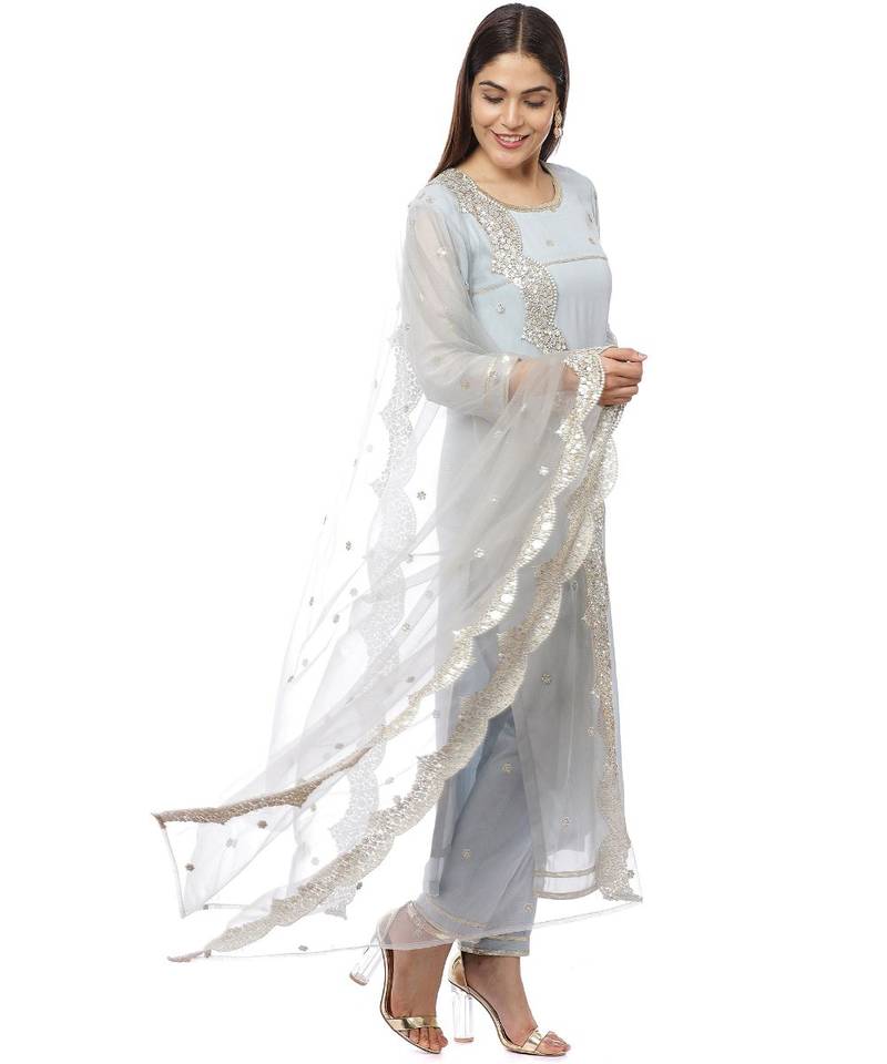 Grey Sequined Sleeves Kurti with Pants and Embroidered Scalloped Dupatta