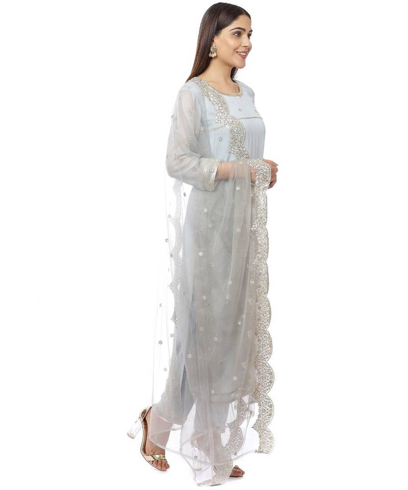 Grey Sequined Sleeves Kurti with Pants and Embroidered Scalloped Dupatta