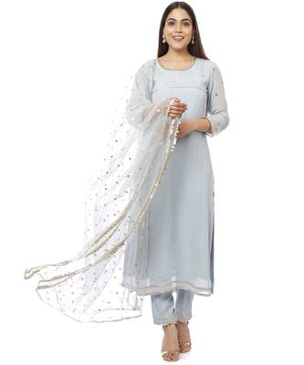 Grey Sequined Sleeves Kurti with Pants and Sequin Dupatta 1