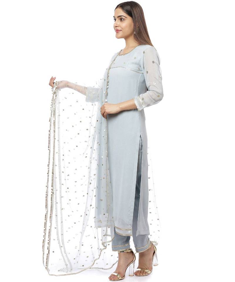 Grey Sequined Sleeves Kurti with Pants and Sequin Dupatta
