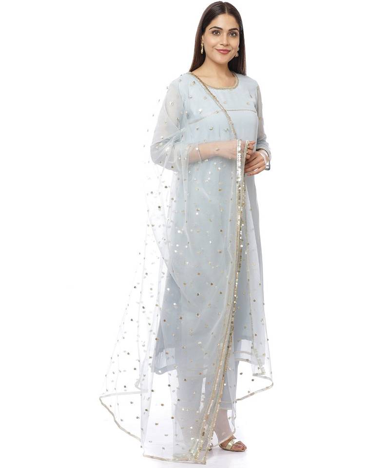 Grey Sequined Sleeves Kurti with Pants and Sequin Dupatta