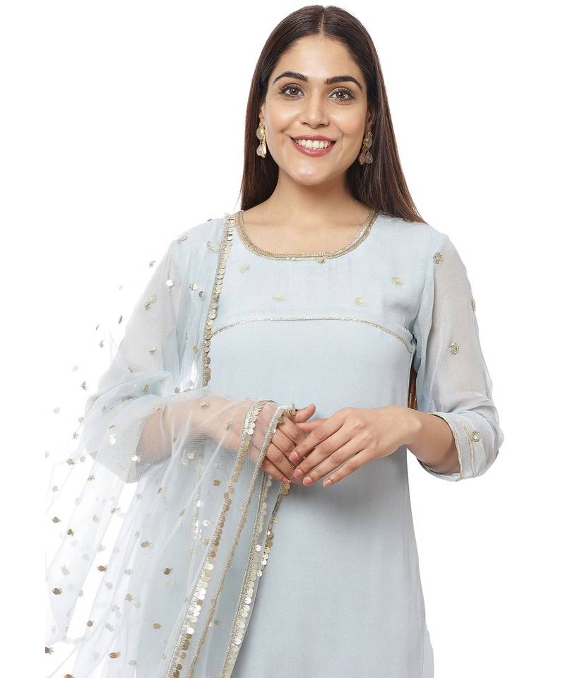 Grey Sequined Sleeves Kurti with Pants and Sequin Dupatta