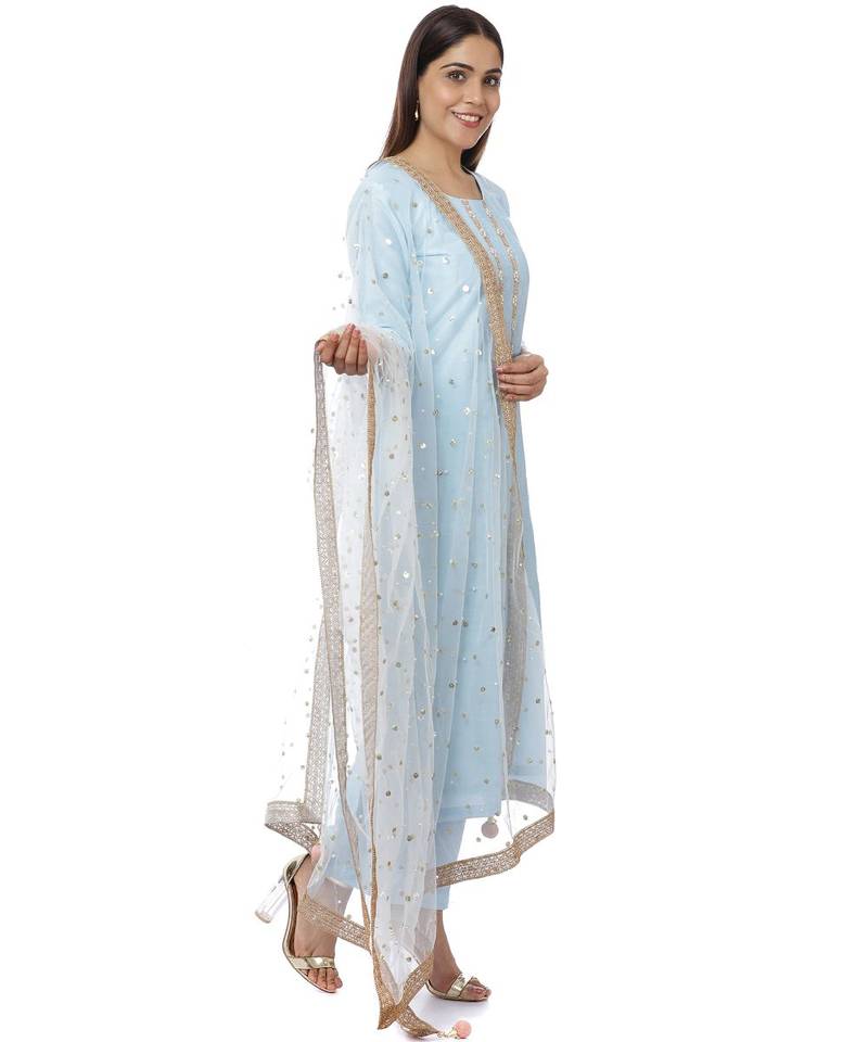 Blush Blue Gota Embroidered Kurti with Pants and Sequin Dupatta