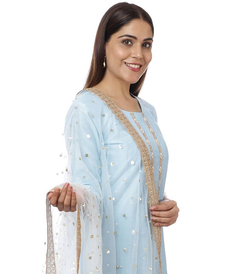 Blush Blue Gota Embroidered Kurti with Pants and Sequin Dupatta