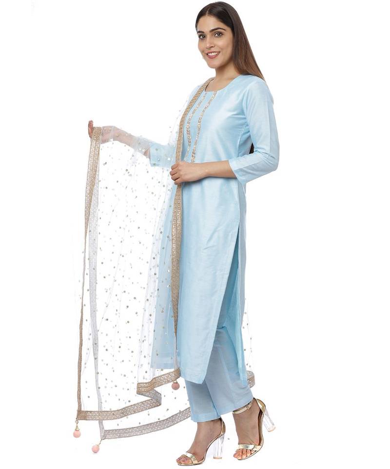 Blush Blue Gota Embroidered Kurti with Pants and Sequin Dupatta