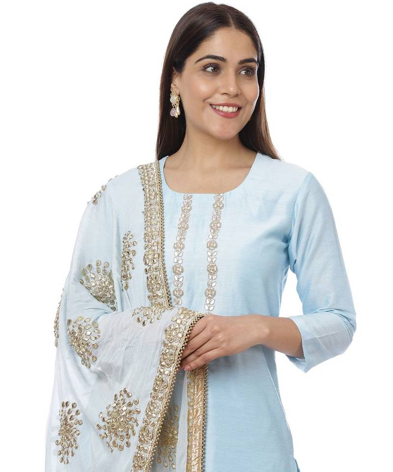 Blush Blue Gota Embroidered Kurti with Pants and Sequin Dupatta