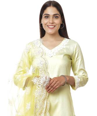 Lemon Crochet Floral Kurti with Palazzo & Chikankari Embroidery Net Dupatta 1