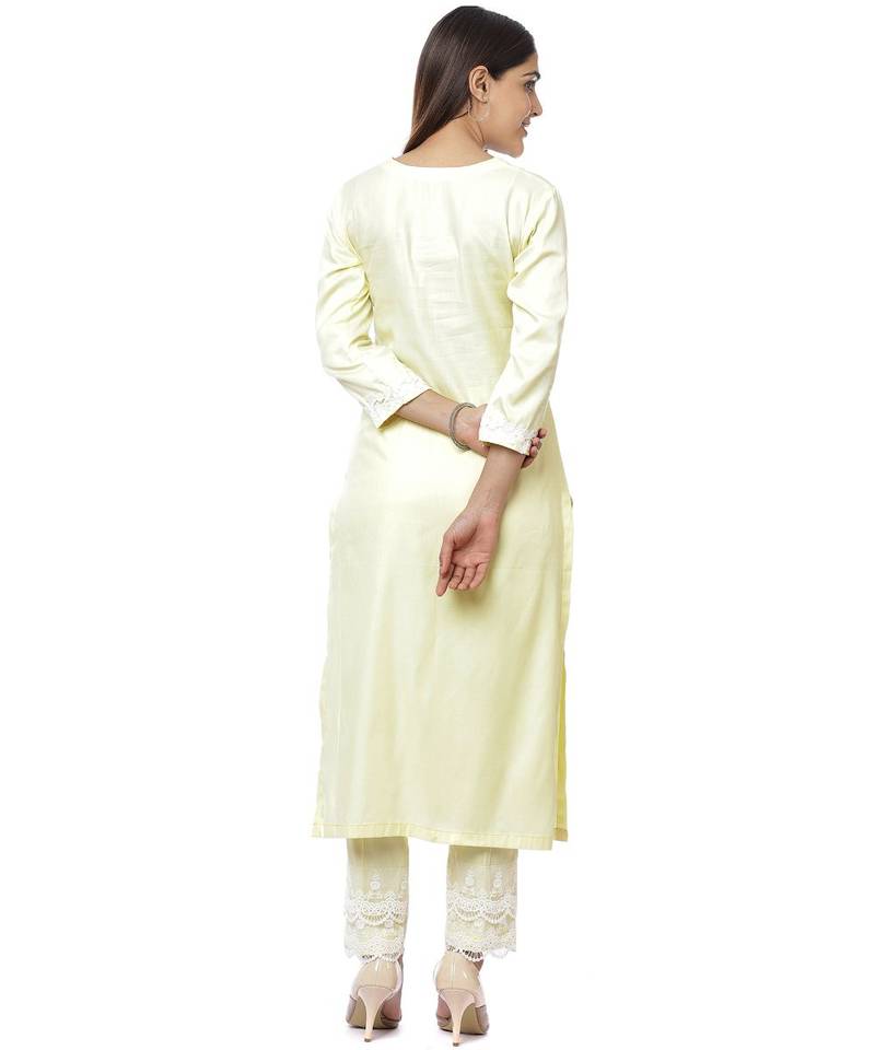 Lemon Crochet Floral Kurti with Palazzo & Chikankari Embroidery Net Dupatta