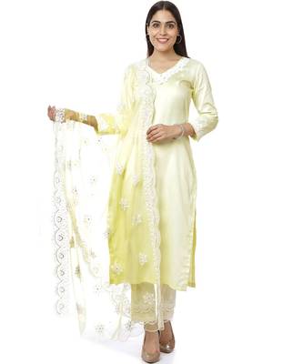 Lemon Crochet Floral Kurti with Palazzo & Chikankari Embroidery Net Dupatta 3