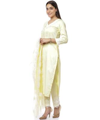 Lemon Crochet Floral Kurti with Palazzo & Chikankari Embroidery Net Dupatta 4