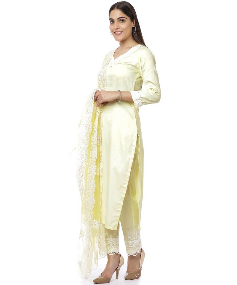 Lemon Crochet Floral Kurti with Palazzo & Chikankari Embroidery Net Dupatta