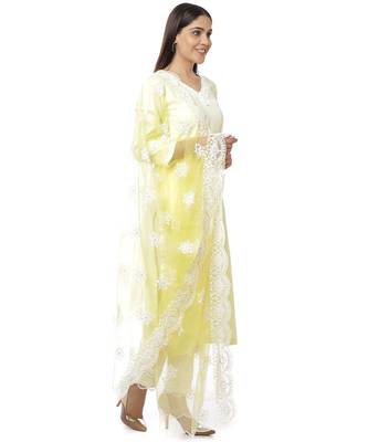 Lemon Crochet Floral Kurti with Palazzo & Chikankari Embroidery Net Dupatta 5