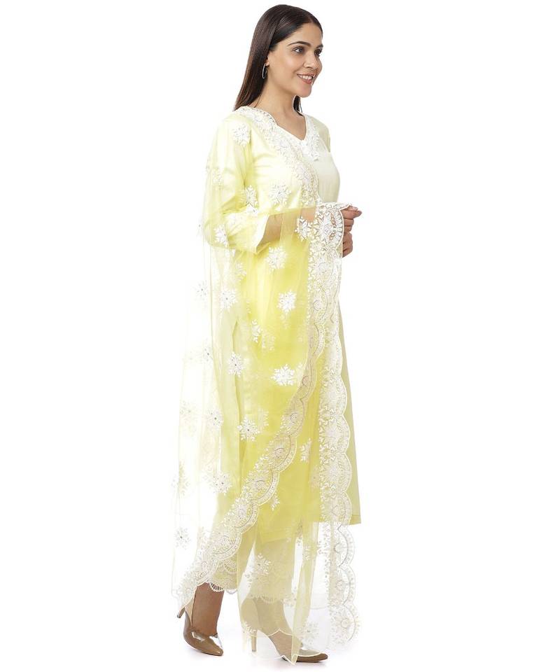 Lemon Crochet Floral Kurti with Palazzo & Chikankari Embroidery Net Dupatta
