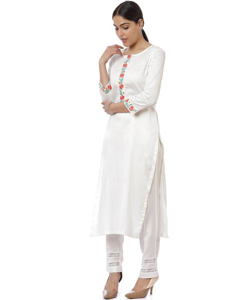 Off-White Blue Parsi Embroidered Kurti with Crochet Pants