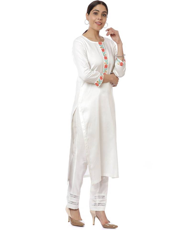 Off-White Blue Parsi Embroidered Kurti with Crochet Pants