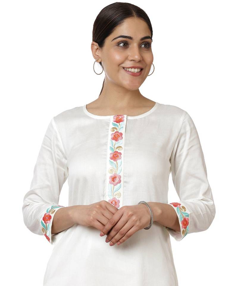 Off-White Blue Parsi Embroidered Kurti with Crochet Pants