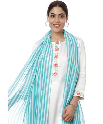 Off-White Blue Parsi Embroidered Kurti with Crochet Pants and Blue White Striped Dupatta 1
