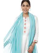 Off-White Blue Parsi Embroidered Kurti with Crochet Pants and Blue White Striped Dupatta