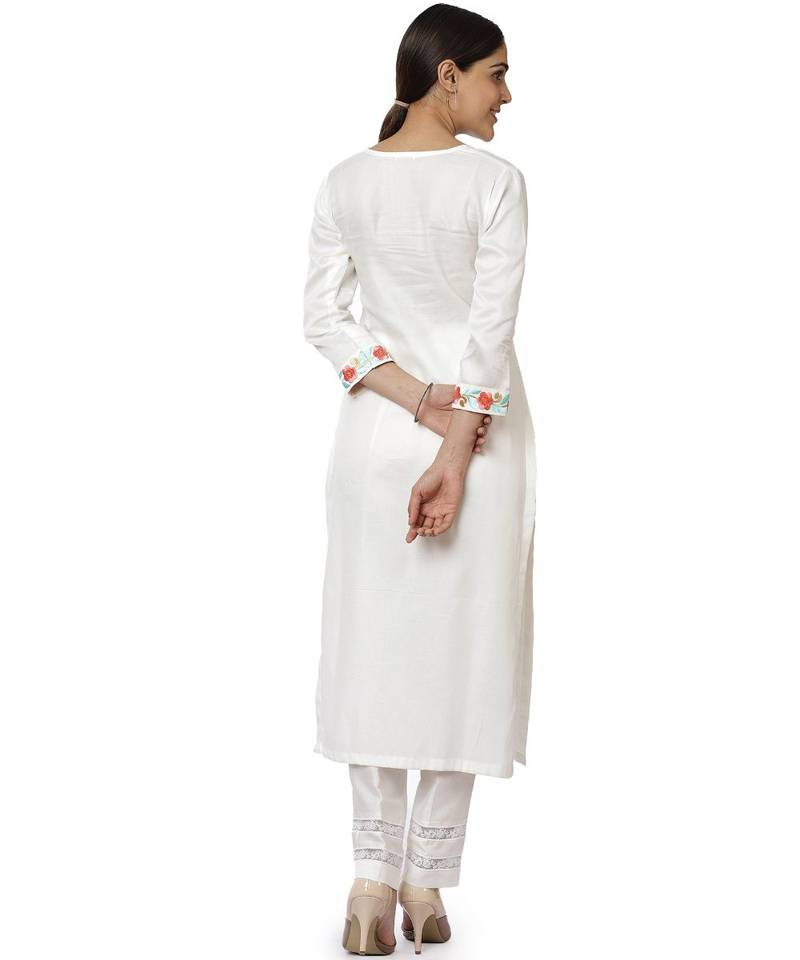 Off-White Blue Parsi Embroidered Kurti with Crochet Pants and Blue White Striped Dupatta