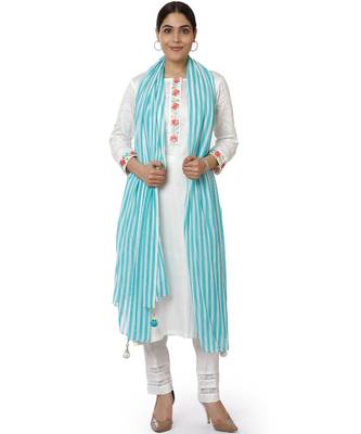 Off-White Blue Parsi Embroidered Kurti with Crochet Pants and Blue White Striped Dupatta 3