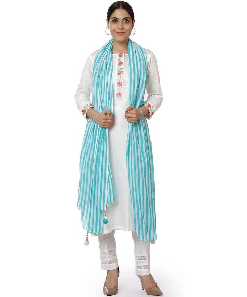 Off-White Blue Parsi Embroidered Kurti with Crochet Pants and Blue White Striped Dupatta
