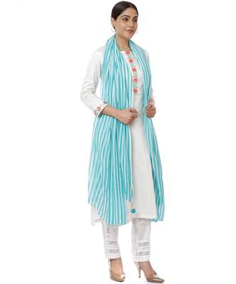 Off-White Blue Parsi Embroidered Kurti with Crochet Pants and Blue White Striped Dupatta 4