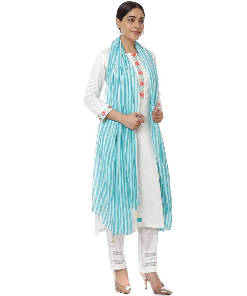 Off-White Blue Parsi Embroidered Kurti with Crochet Pants and Blue White Striped Dupatta