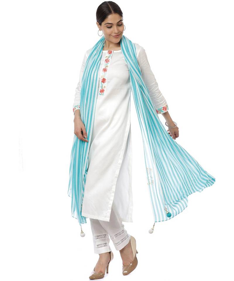 Off-White Blue Parsi Embroidered Kurti with Crochet Pants and Blue White Striped Dupatta