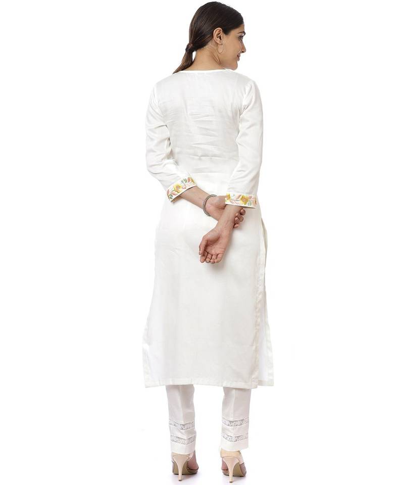 Off-White Lemon Parsi Embroidered Kurti with Crochet Pants and Lemon White Striped Dupatta