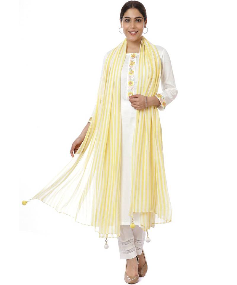 Off-White Lemon Parsi Embroidered Kurti with Crochet Pants and Lemon White Striped Dupatta