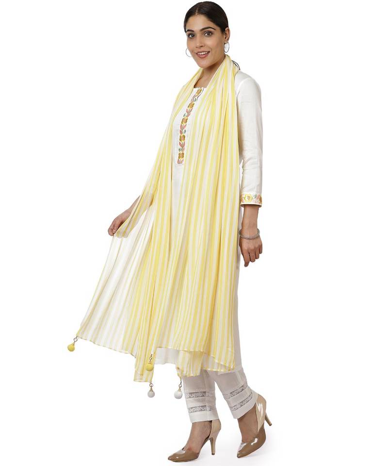 Off-White Lemon Parsi Embroidered Kurti with Crochet Pants and Lemon White Striped Dupatta