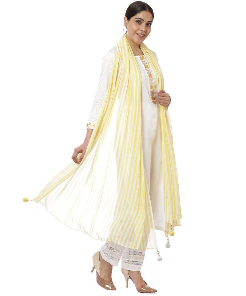 Off-White Lemon Parsi Embroidered Kurti with Crochet Pants and Lemon White Striped Dupatta
