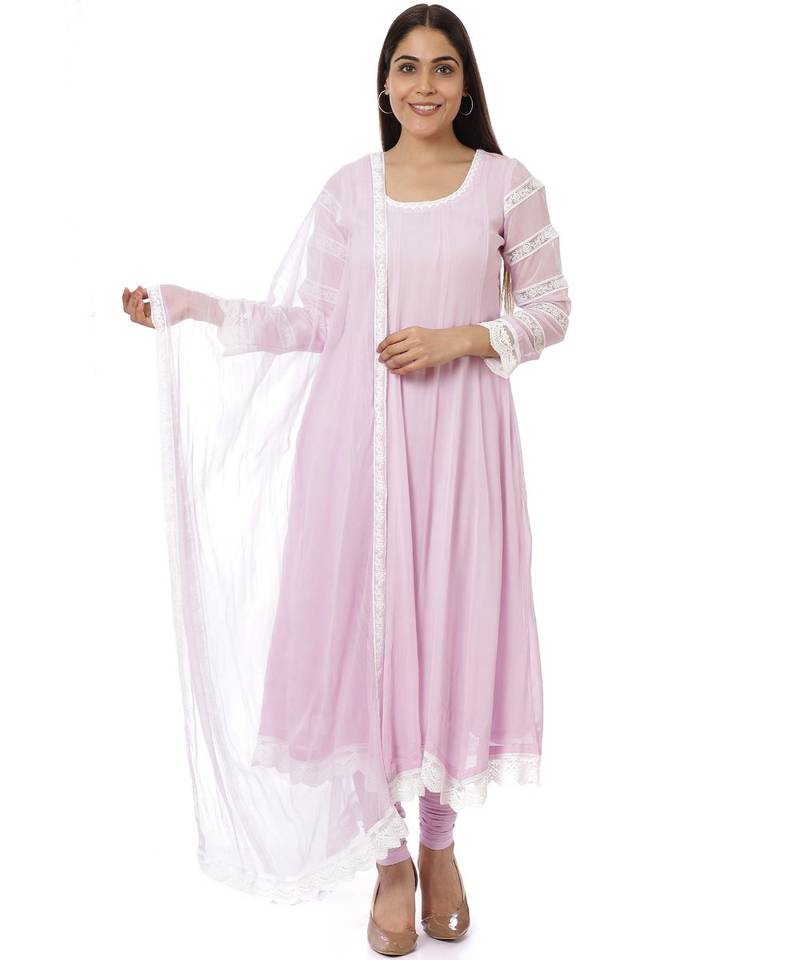 Mauve Georgette Crochet Anarkali with Churidaar And Dupatta