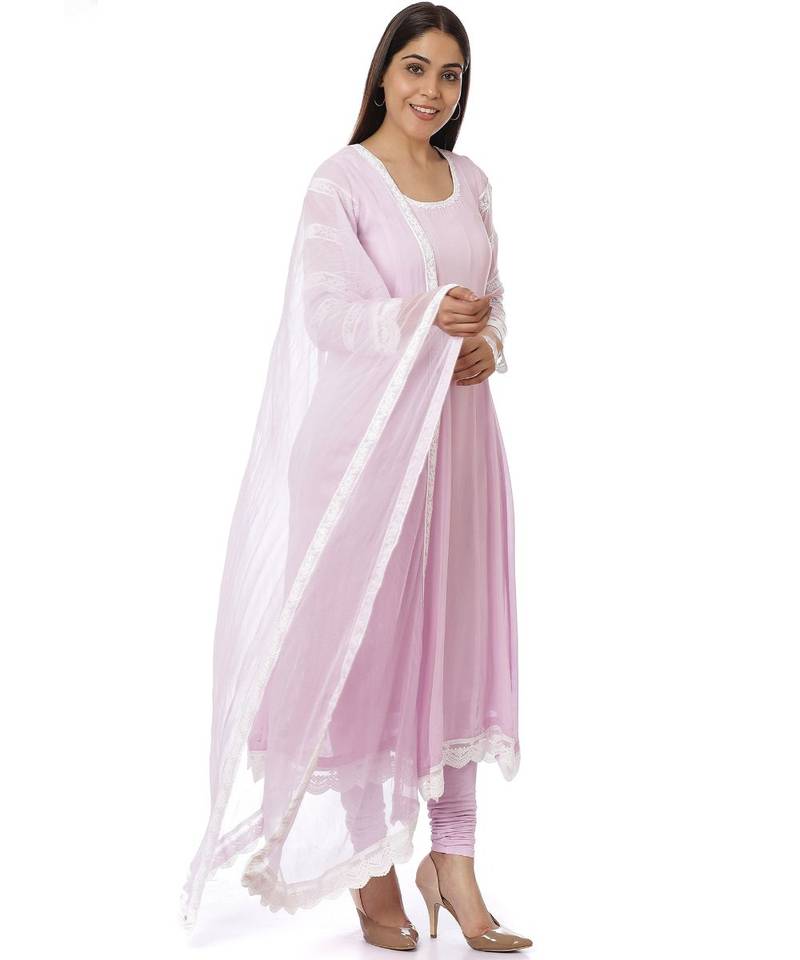 Mauve Georgette Crochet Anarkali with Churidaar And Dupatta