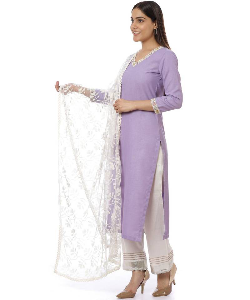 Mauve Matka Silk Kurti with Pants And Off-White Embroidered Dupatta