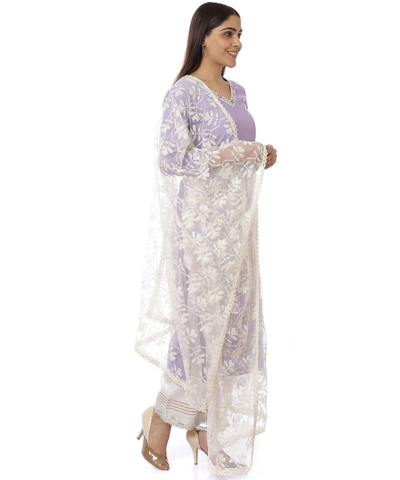 Mauve Matka Silk Kurti with Pants And Off-White Embroidered Dupatta