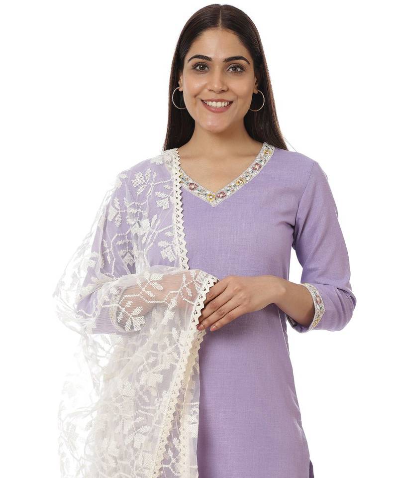 Mauve Matka Silk Kurti with Pants And Off-White Embroidered Dupatta