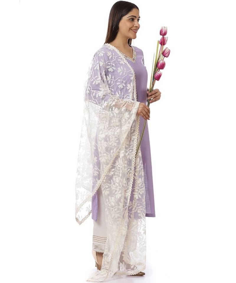 Mauve Matka Silk Kurti with Pants And Off-White Embroidered Dupatta