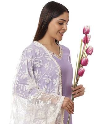Mauve Matka Silk Kurti with Pants And Off-White Embroidered Dupatta 6