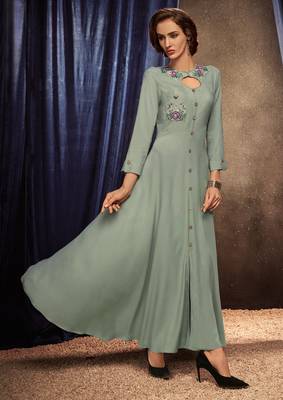 Grey embroidered rayon long-kurtis 1