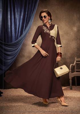 Brown embroidered rayon long-kurtis 1
