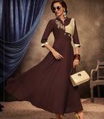 Brown embroidered rayon long-kurtis