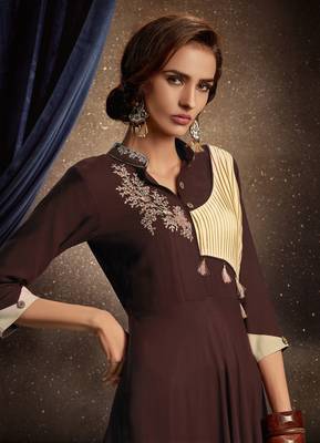 Brown embroidered rayon long-kurtis 2