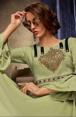 Light-parrot-green embroidered rayon long-kurtis 2