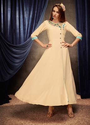 Cream embroidered rayon long-kurtis 1