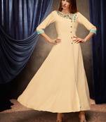 Cream embroidered rayon long-kurtis