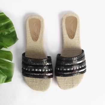 Black Metal and Sequin Sliders with Jute InSole 1